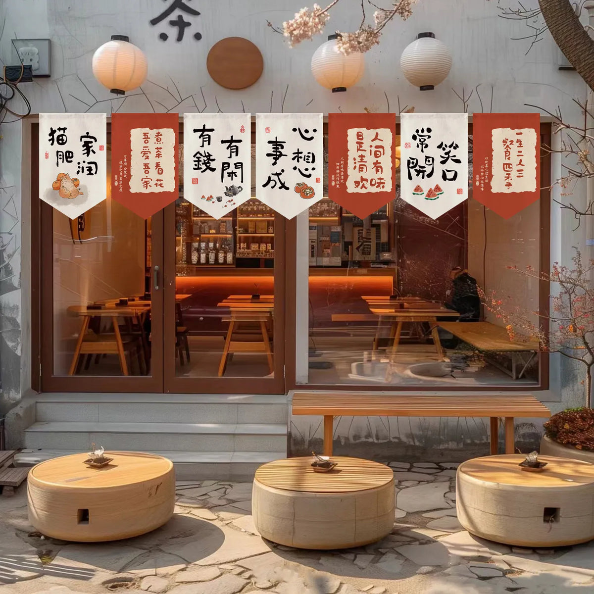rideau chinois lettres fruits rouge blanc intérieur machine lavable traditionnel minimaliste