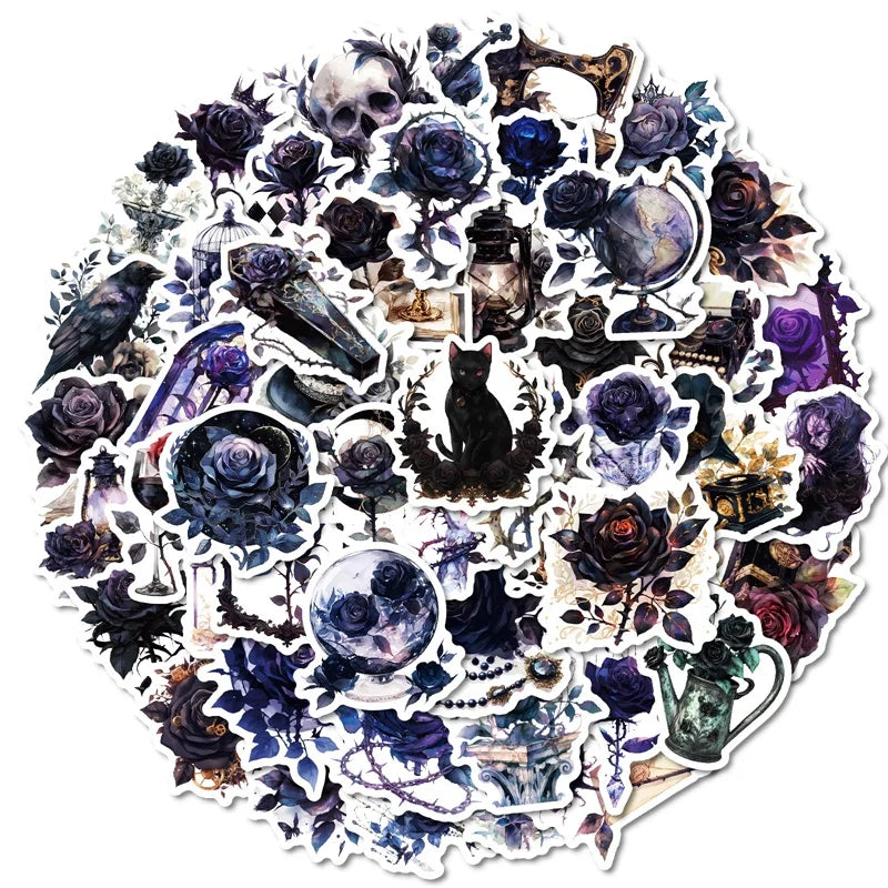 stickers adhésifs violet fleurs crânes bijoux globe terrestre oiseaux géométriques art gothique scolaire enfants