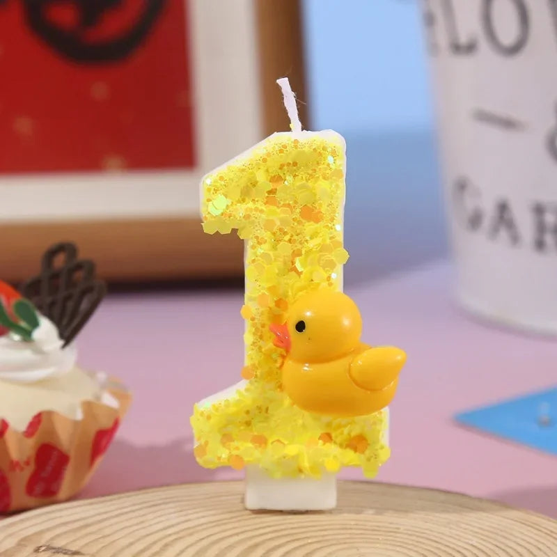 bougies chiffres canard jaune paillettes dorées anniversaire décoration enfantino festive opaques