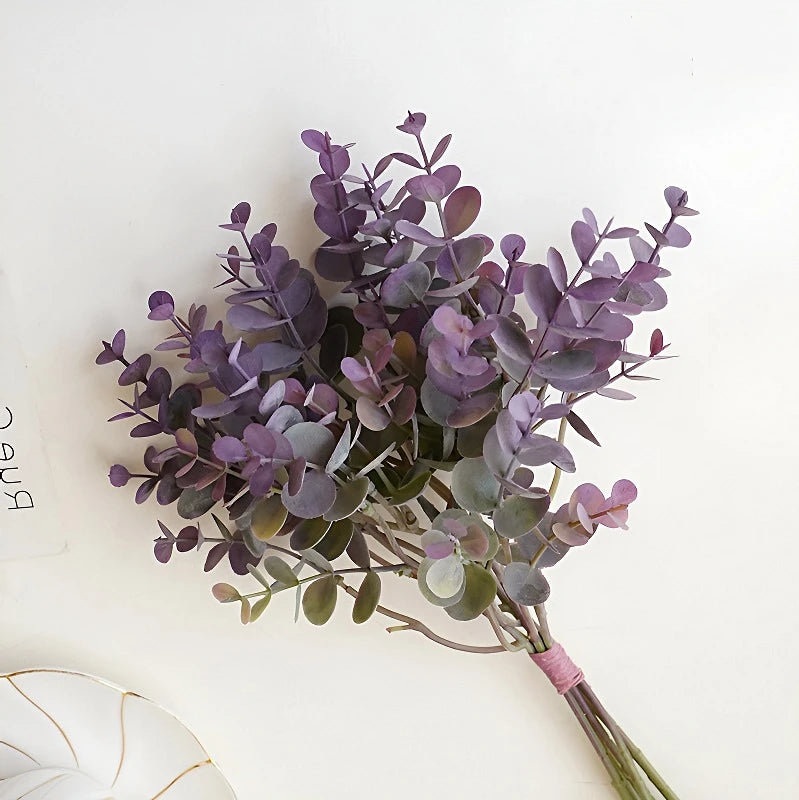 Bouquet artificiel eucalyptus violet vert feuilles ovales brillantes naturel extérieur décoration maison mariage