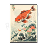 Une peinture asiatique détaillée représentant un poisson koi rouge et blanc nageant dans des eaux tumultueuses, entouré de fleurs de pivoine et de nuages stylisés.