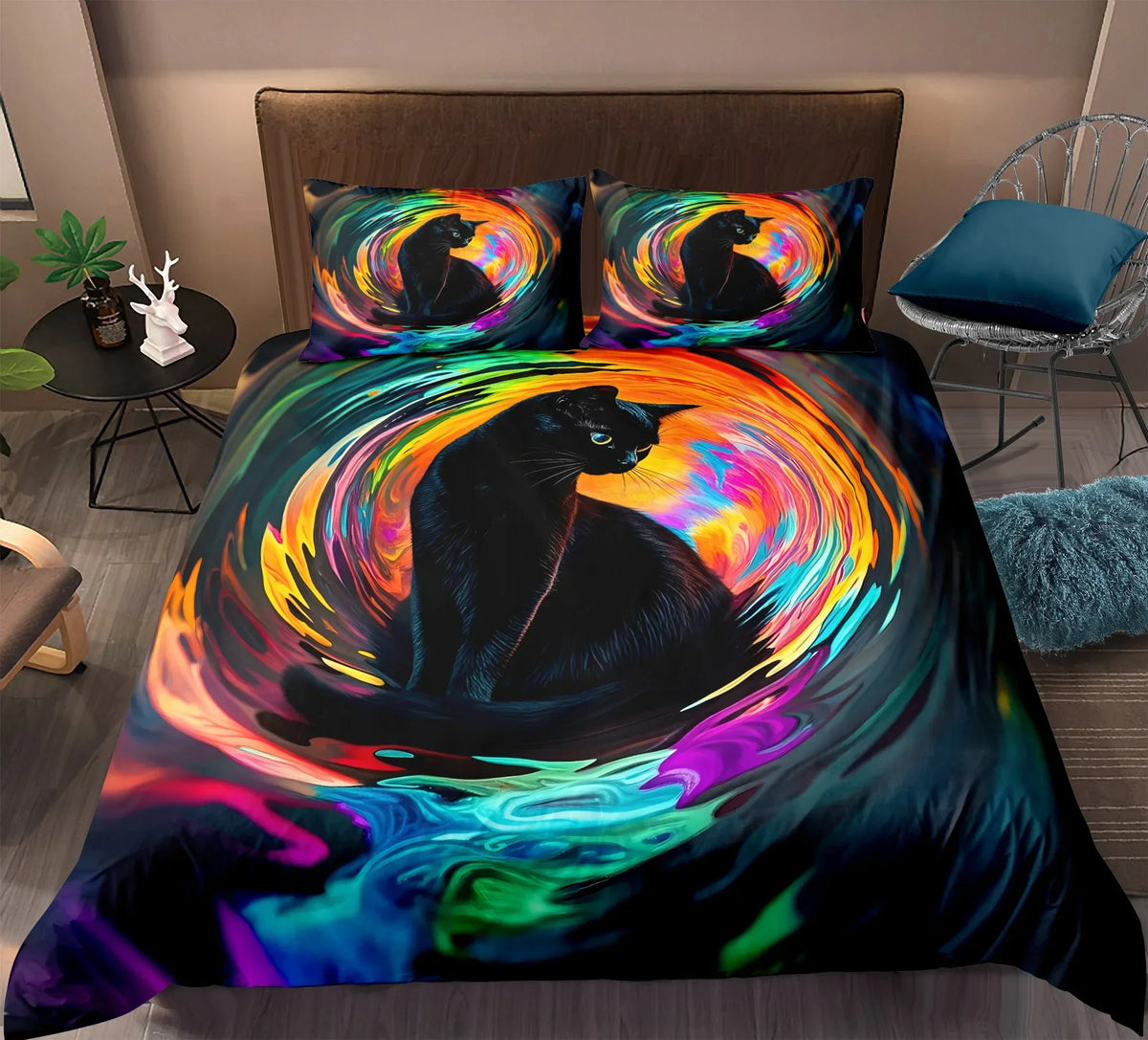 housse couette chat noir taies d'oreiller multicolore ensemble literie moderne fond abstrait cercles colorés