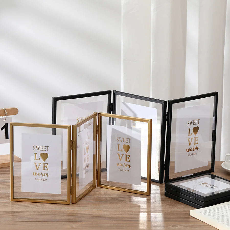cadre photo or moderne triple transparent charnières papier motif cœur