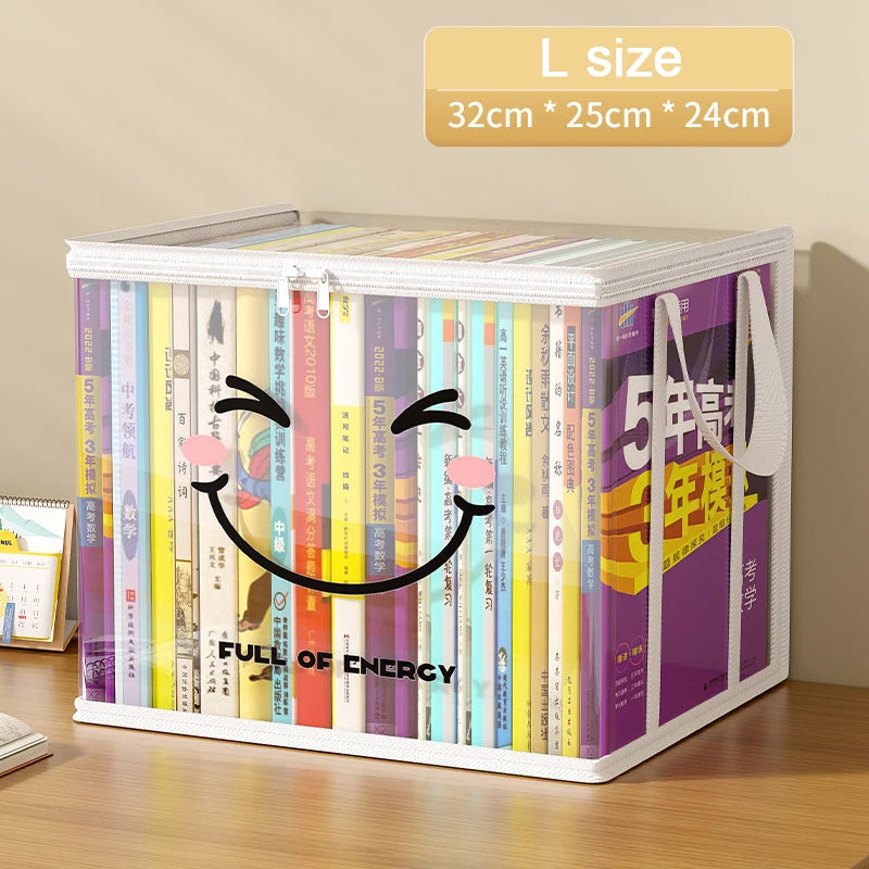 boîtes rangement transparentes blanches souriantes poignées amovibles moderne étudiante chambre organisation livres