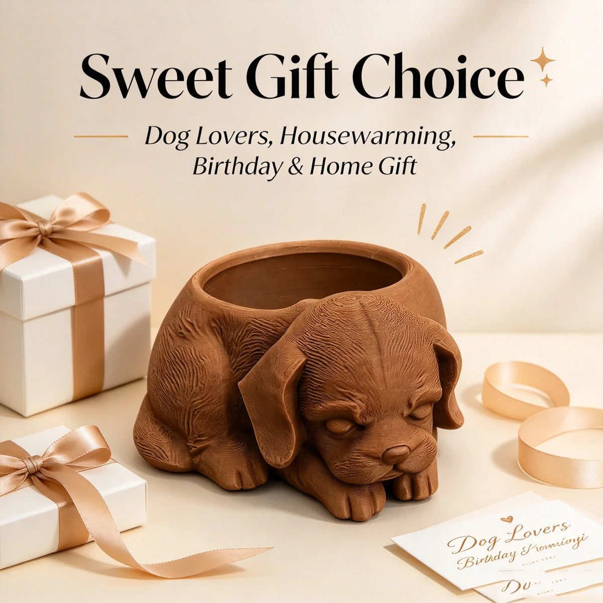 cache pot forme chien dormant texture fourrure couleur marron blanc beige réaliste