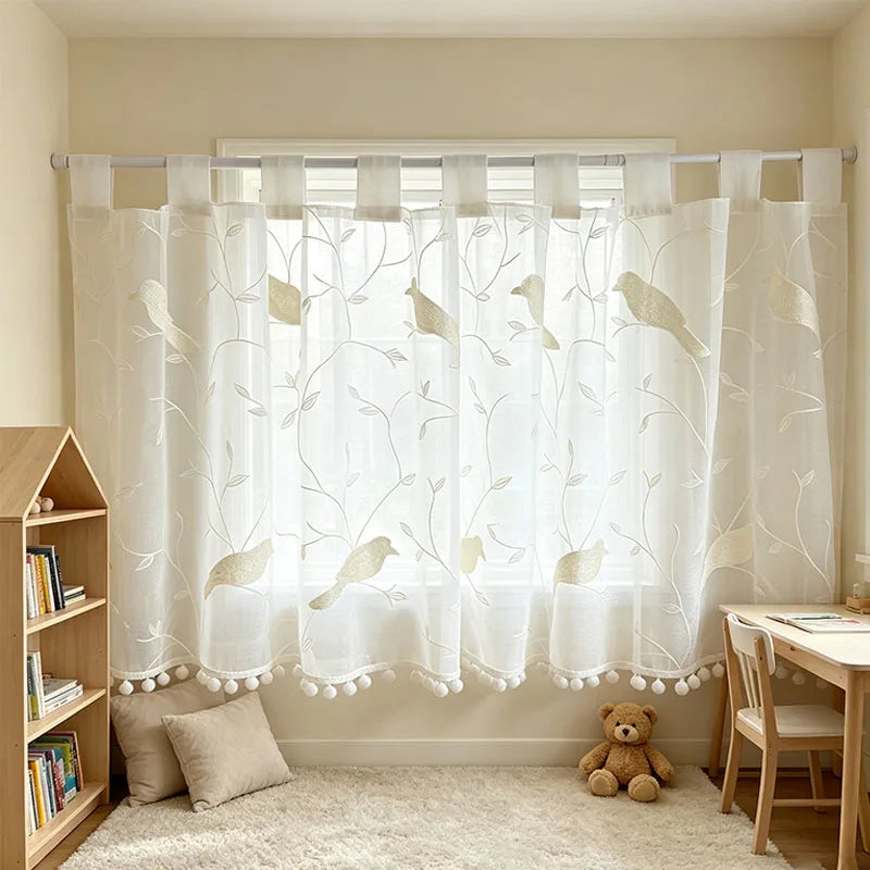 rideau blanc oiseaux brodés pompons franges moderne translucide polyester 130cm 200cm