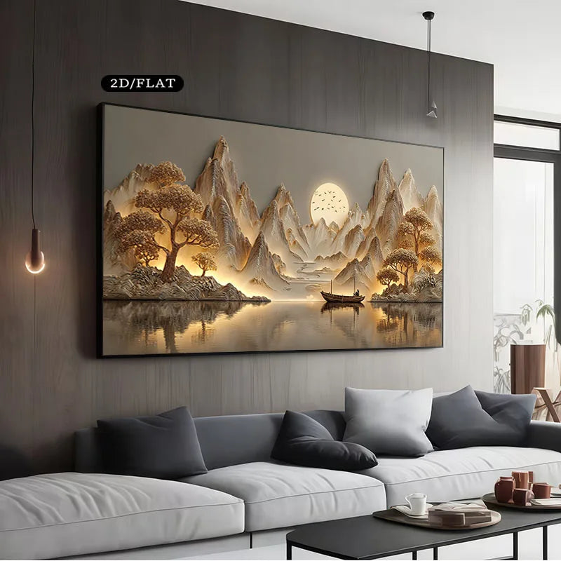 tableau classique paysager montagnes arbres lac bateau coucher soleil beige gris noir sans cadre
