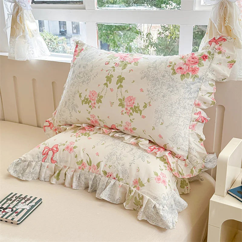 taies d'oreiller coton fleur vintage rose bleu beige romantique 48x74cm