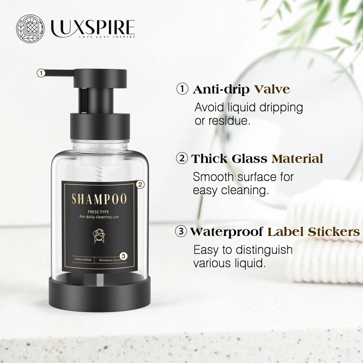 distributeur savon liquide noir bleu clair moderne minimaliste transparent pompe pression étiquette noire texte