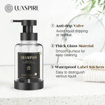 distributeur savon liquide noir bleu clair moderne minimaliste transparent pompe pression étiquette noire texte