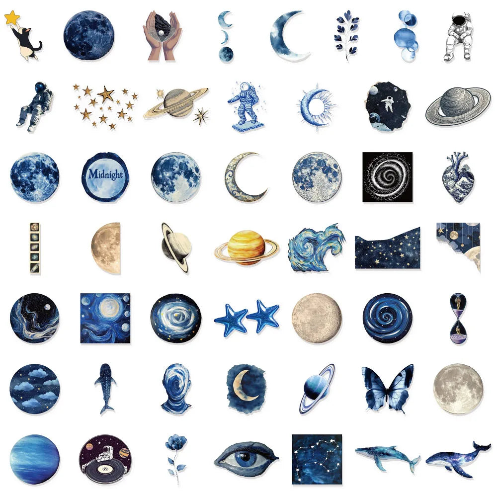 sticker adhésif galaxie planètes astronaute cerveau humain bleu noir blanc détaillé 50pcs