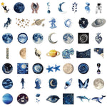 sticker adhésif galaxie planètes astronaute cerveau humain bleu noir blanc détaillé 50pcs