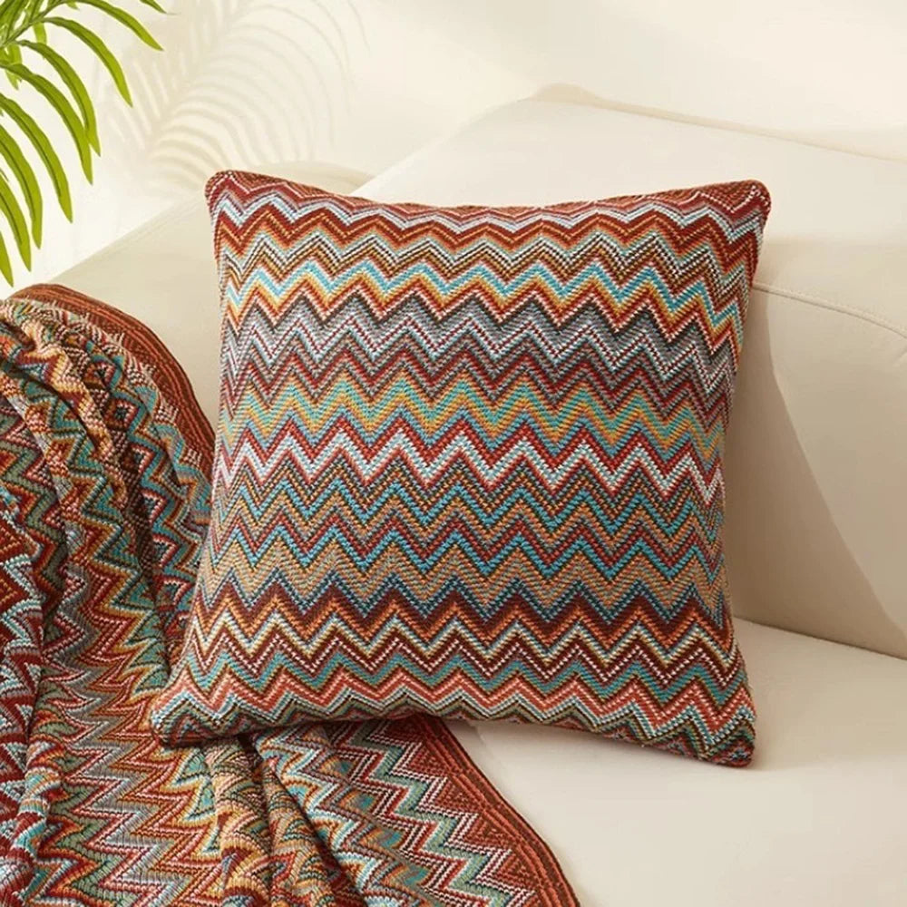 coussin carré zigzag multicolore ethnique polyester coton décoration intérieure chaise fixations oreillettes