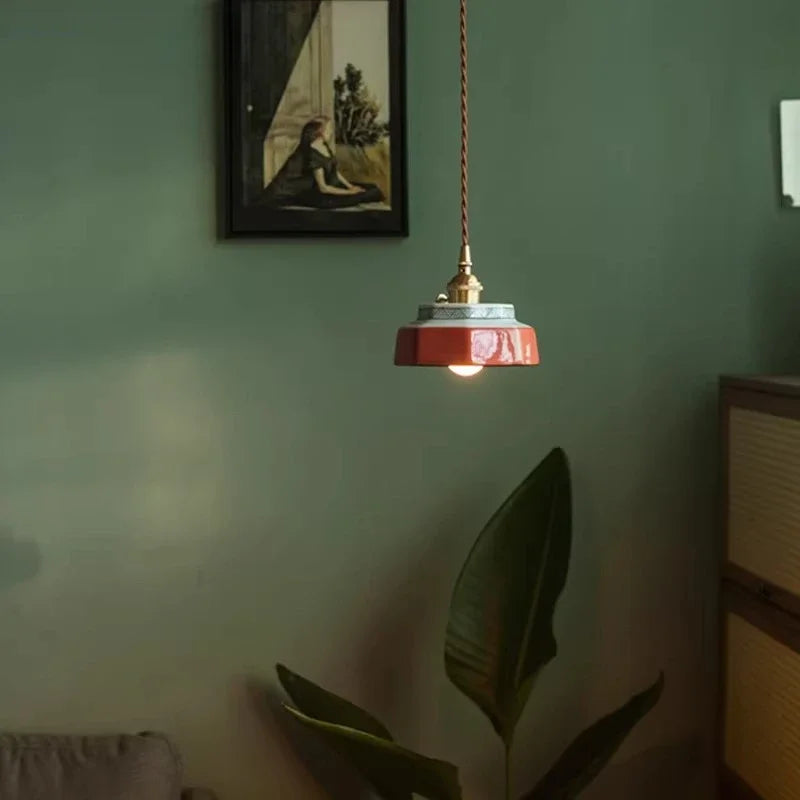 lampe suspendue vintage céramique motif géométrique orange vert blanc