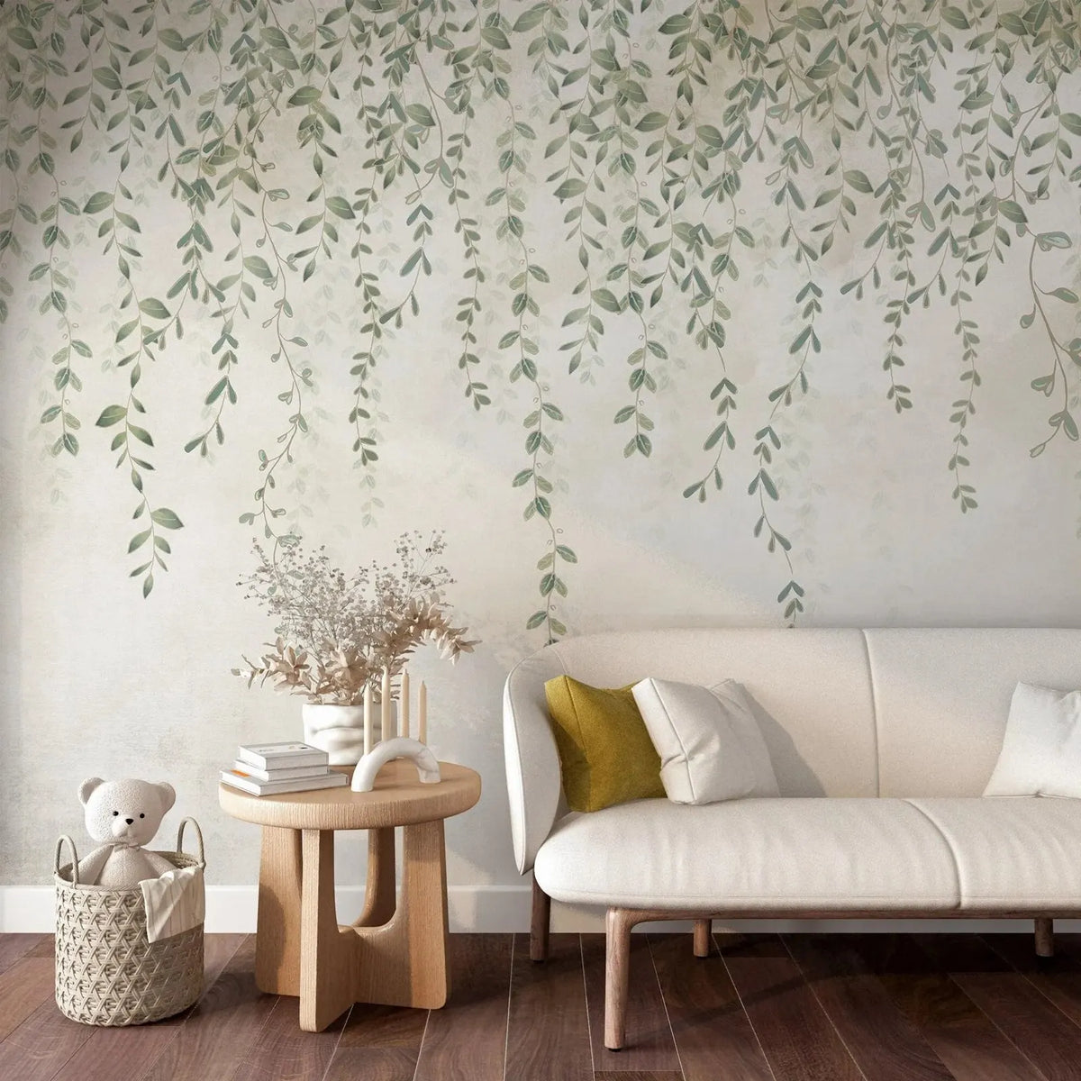 papier peint feuilles suspendues moderne opaque vert pastel cuisine chambre salon étudié respectueux environnement