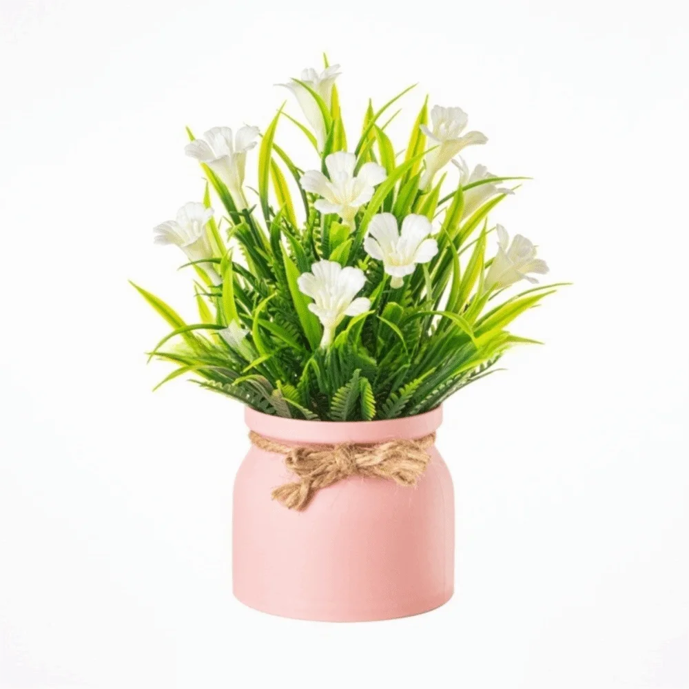 bouquet artificiel fleurs modernes ruban jute accroché extérieur exposition anniversaire orange blanc rose violet
