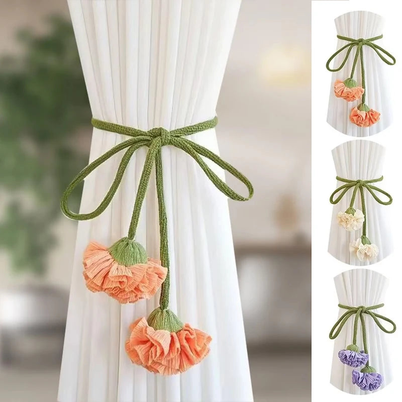 rubans fenêtre fleurs tissu vert orange beige violet décoratifs rustiques noyau plat