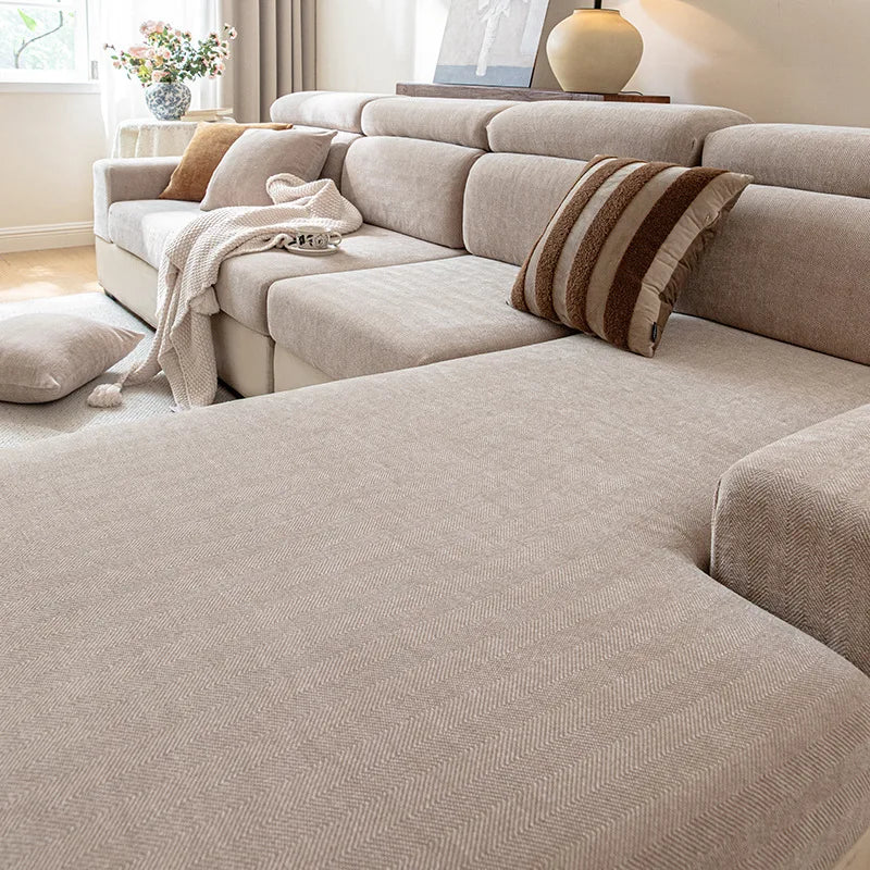 housse canapé angle beige motif herringbone moderne extensible salon coussin adhésif