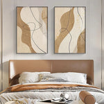 tableau abstrait moderne minimaliste toile points dorés lignes courbes beige blanc noirintérieur décoration chambre