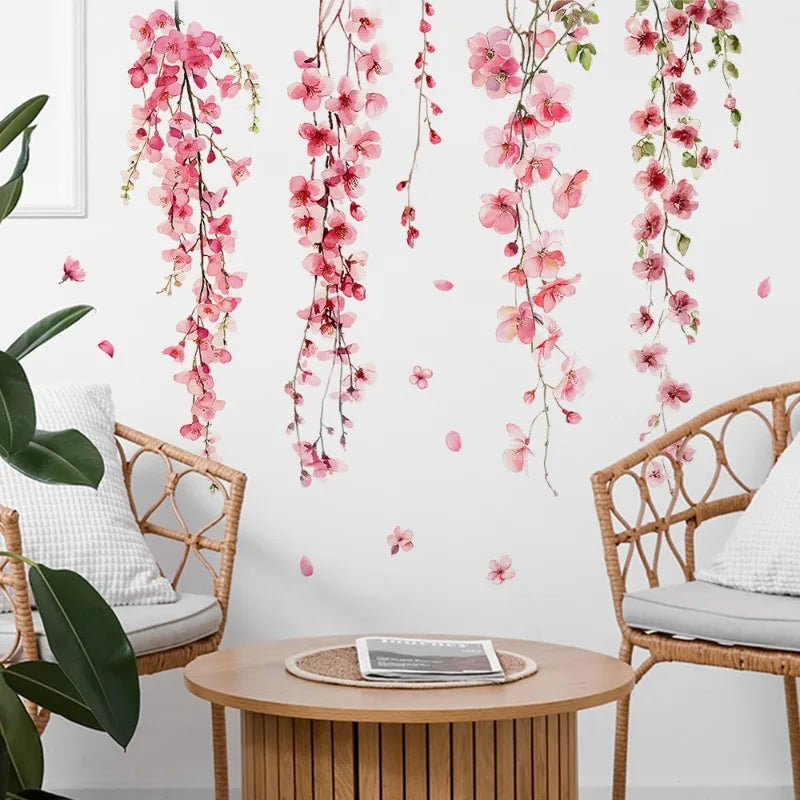 sticker mural fleurs suspendues rose blanc vert adhésif décoration chambre salon floral 40x60cm