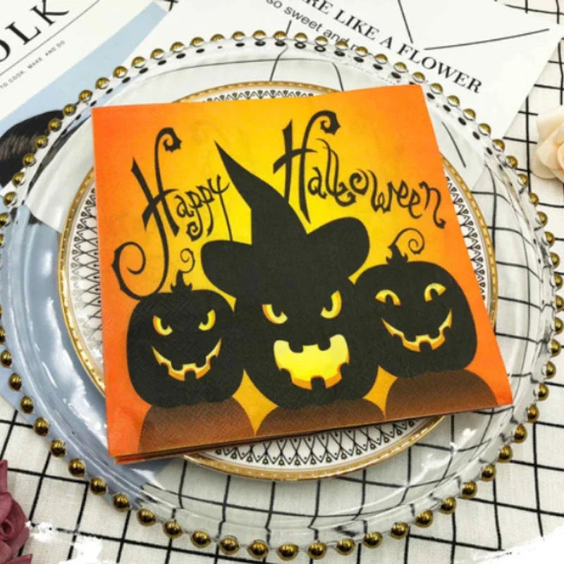 serviettes halloween citrouille sorcière happy halloween orange noire motifs papier decoratif set table decoration