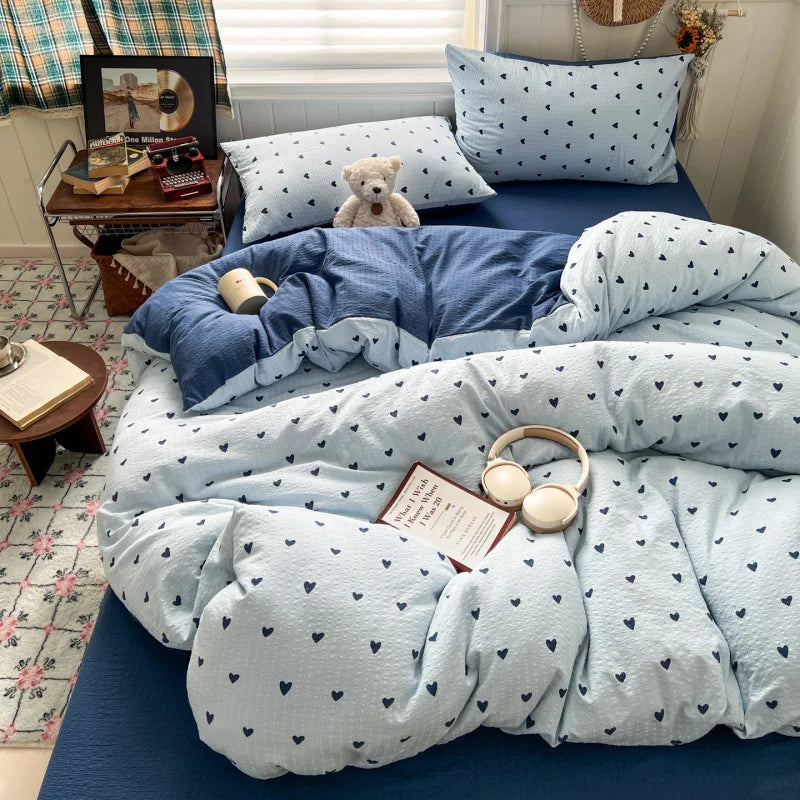 ensemble literie fleuri rose bleu marron clair coeurs taies d'oreiller housses couette doux moderne