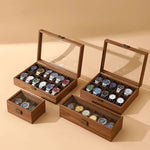 boîtes montres bois foncé grain naturel classique boutons dorés montres bracelets bijoux