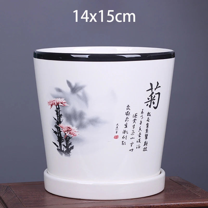 vase decoratif art traditionnel chinois cache pot fleurs oiseaux calligraphie chinoise blanc rouge vert