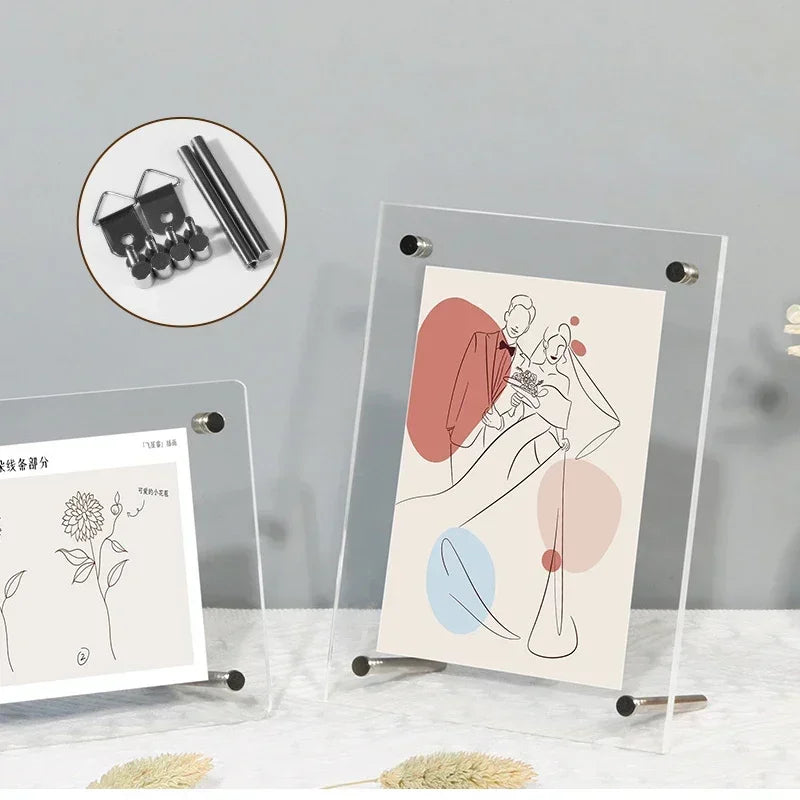 cadre photo transparent moderne clips métalliques illustrations figures humaines fleurs minimaliste porte photo