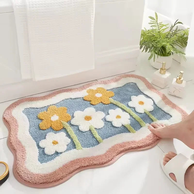 tapis bain doux fleur bleu clair jaune moderne antidérapant moelleux machine salon