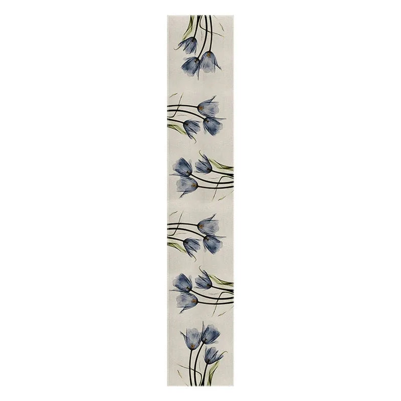nappe lin bleu beige fleurs tulipes aquarelle moderne table runner déco