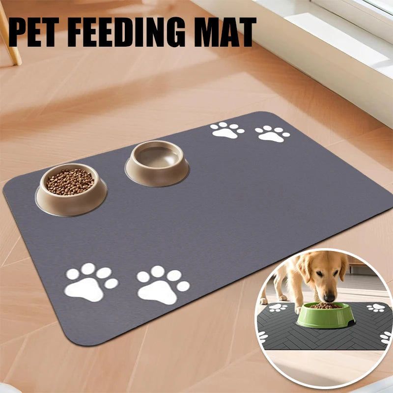 tapis nourriture animal gris imprimé pattes blanches moderne anti scratch rapide séchage super absorbant