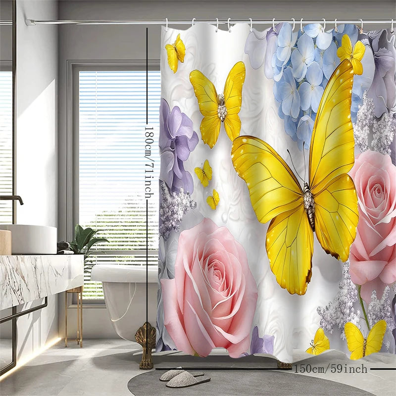 rideau douche papillons fleurs jaunes polyester moderne anneaux rideau blanc violet bleuclair chambre toilette