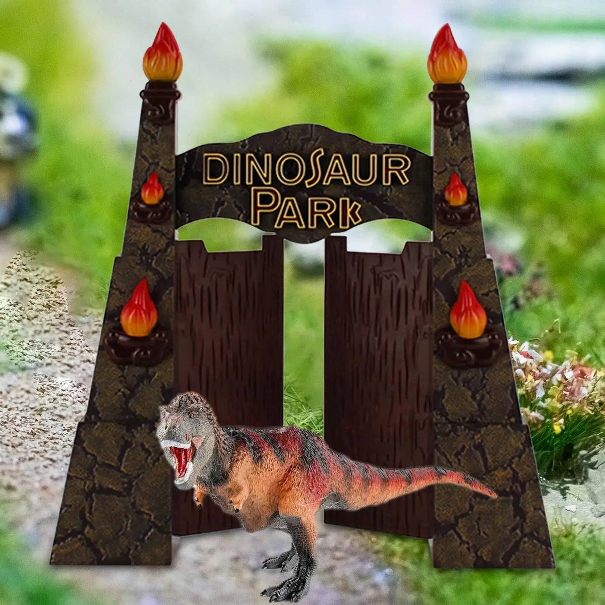 porte décoratif dinosaure jurassic park accessoire jeu enfant marron gris rouge jaune texture bois