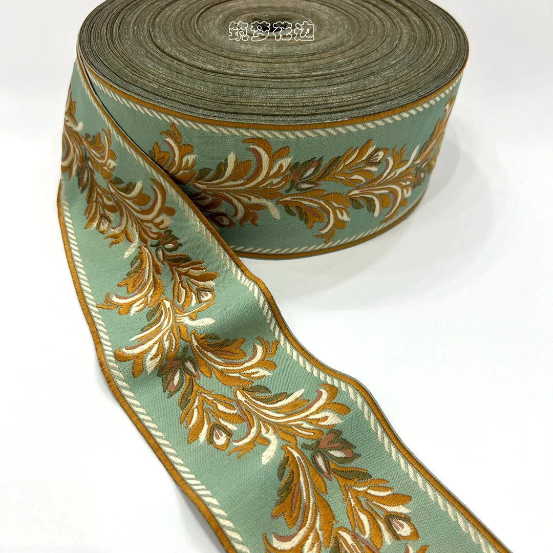 ruban decoratif floral brode 8cm largeur polyester vert beige bleu marron rose blanc