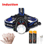 lampe frontale led rechargeable usb noir bleu rayures ajustable ceinture modes luminosité ipx4 water