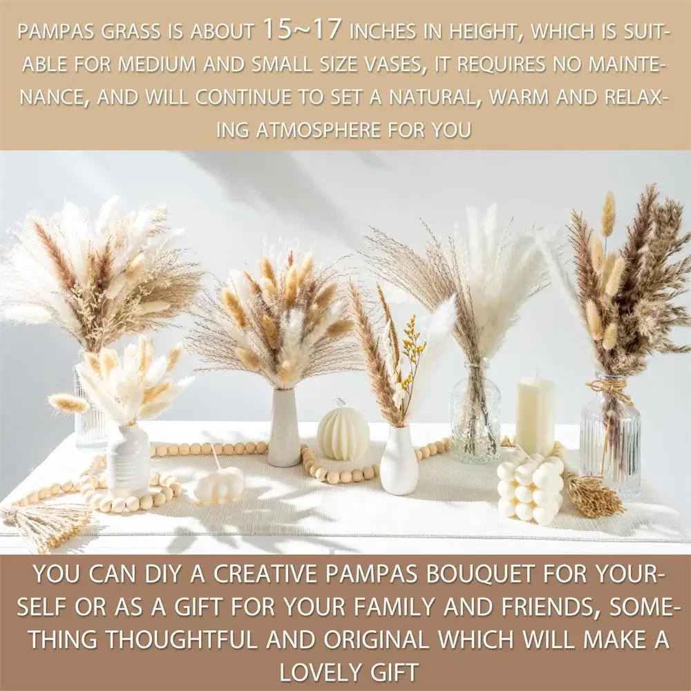 bouquet pampas séchés boho décoration intérieure beige crème marron clair fibres fines ruban vase