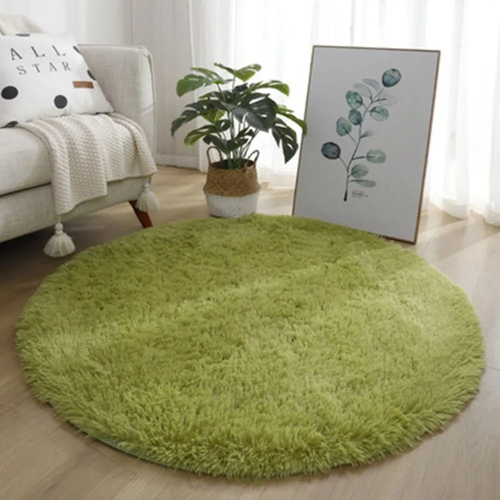 tapis rond doux fourré couleur unie moderne rose marron vert violet beige