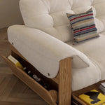 canapé lit moderne bois tissu uni beige inclinable coussins décoratifs salon minimaliste