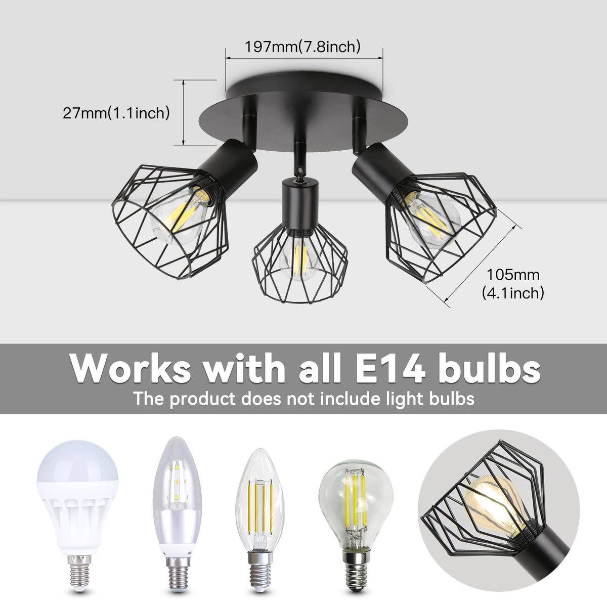 lampe suspendue moderne cage métallique noire interrupteur poussoir led e27 haute basse