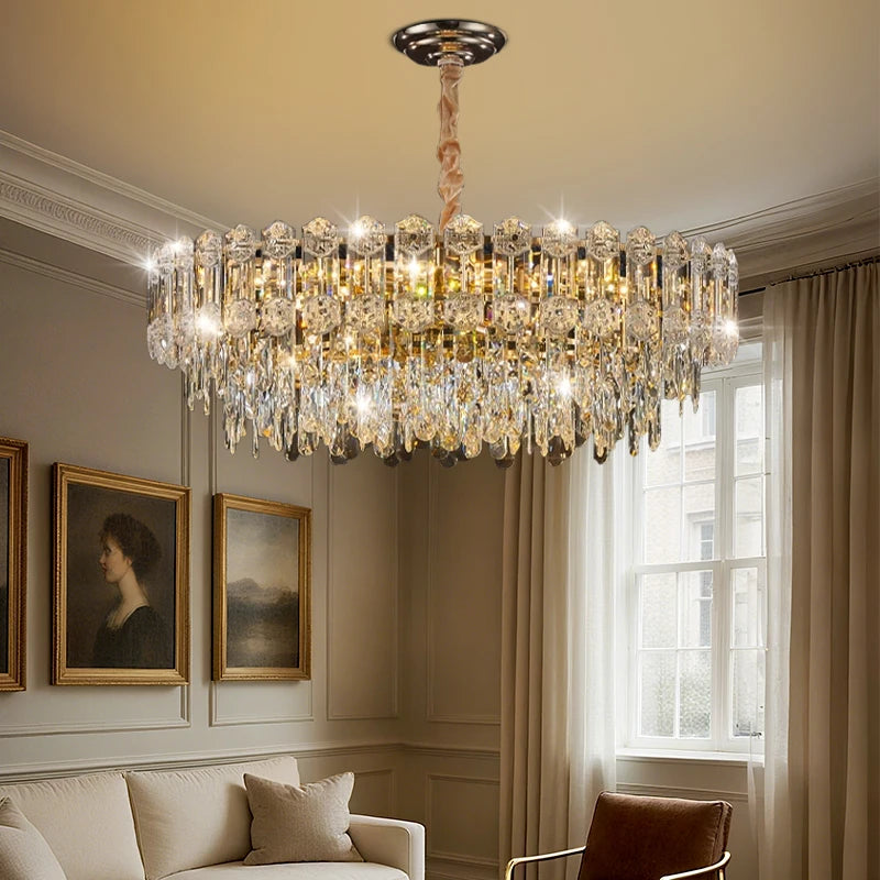 lustre cristal led pendentif salon restaurant chambre lumière transparent doré
