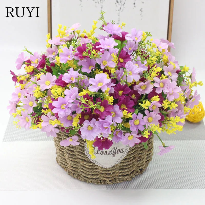 bouquet artificiel violet blanc jaune rouge bleu fleurs soie feuilles vertes moderne décoration maison