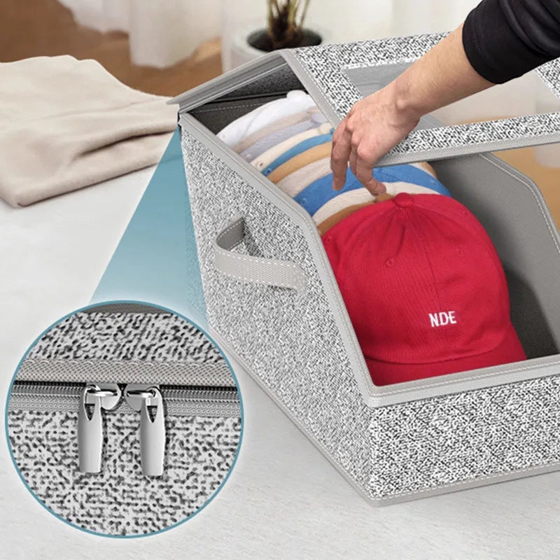 boîte rangement chapeaux gris bleu moderne granulée poignées réutilisable pratique anti poussière