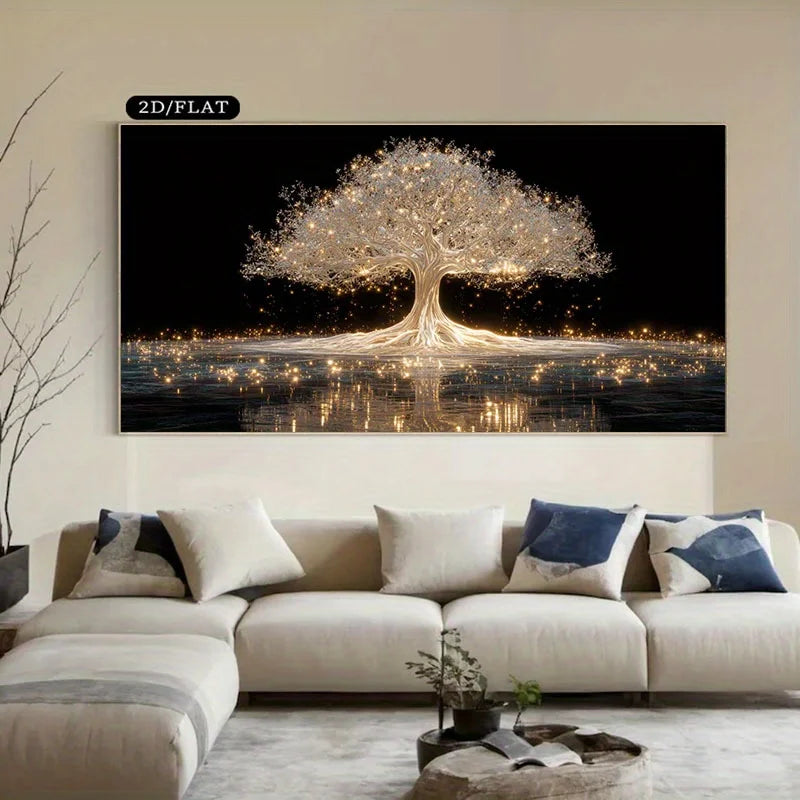 toile d'art contemporaine abstraite arbre lumineux fond noir moderne décoration chambre minimaliste impression toile