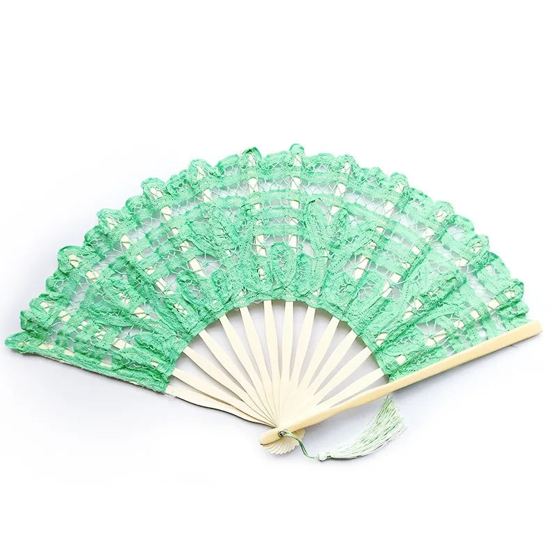 éventail pliant dentelle bambou portable brodé pompon décoration intérieure classique noir rose vert rouge