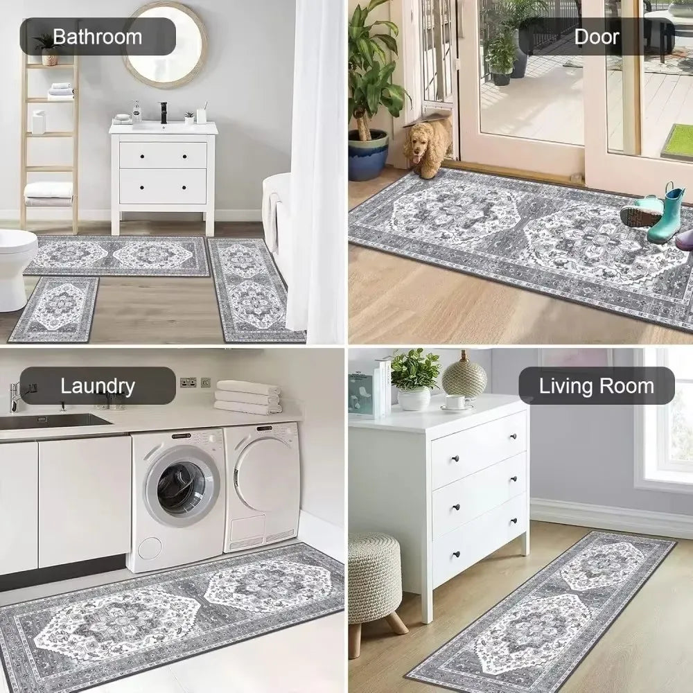 tapis moderne motif floral antidérapant polyester marron gris blanc