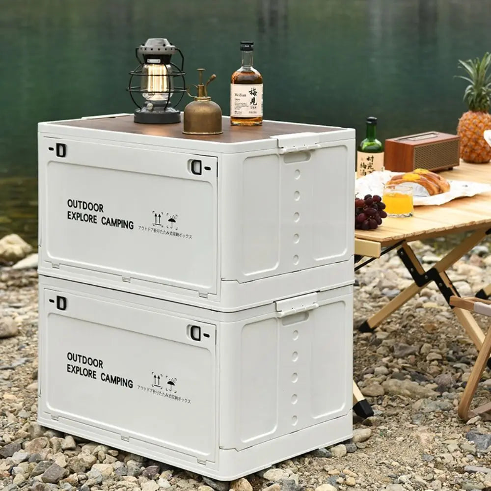 boîte rangement camping blanc bois pratique moderne empilable poignées grande capacité servant