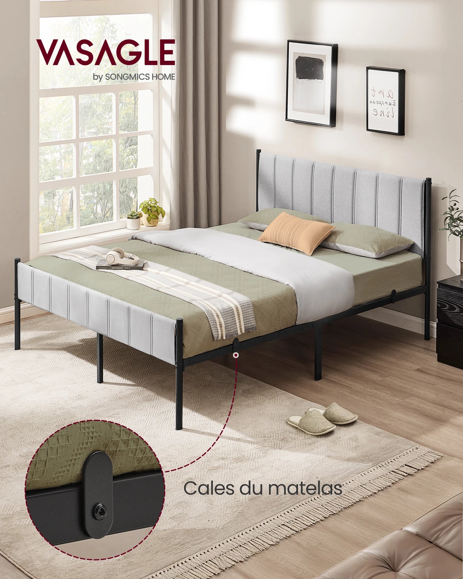 Détail de la tête de lit en tissu polyester premium et mousse haute densité