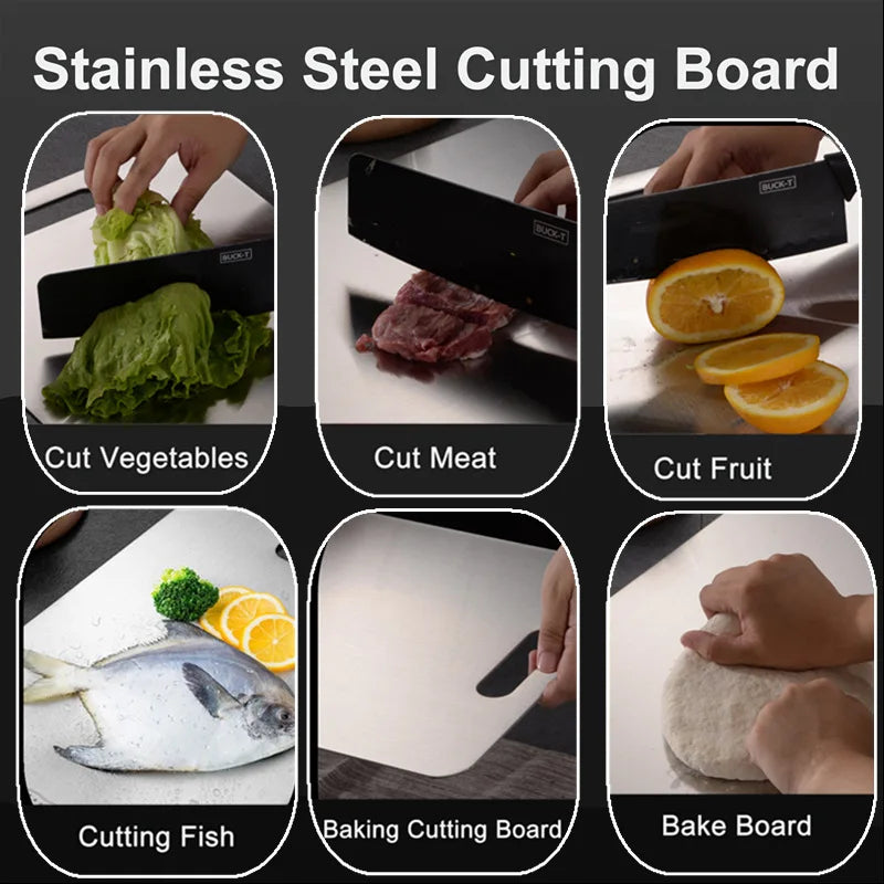 planche découper acier inoxydable argenté moderne poignée intégrée lisse brossée cuisine utilitaire double face