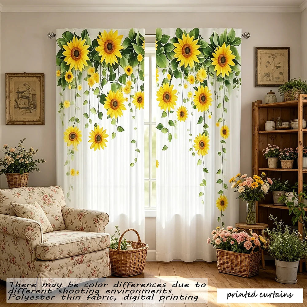 rideaux imprimés moderne tournesol blanc jaune vert transparent anneaux métalliques polyester